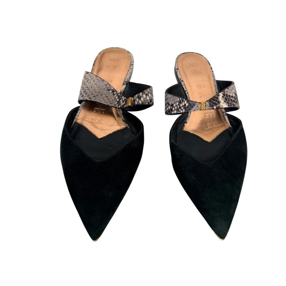Ted Baker Lorana Black Suede Snakeskin Pointed Toe Mules Gold Detail Flats 38.5 - Picture 3 of 6